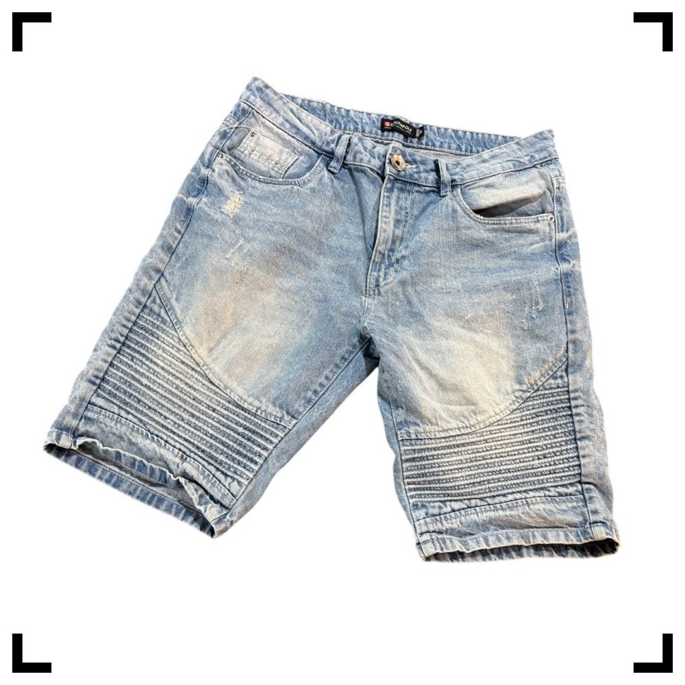SOUTHPOLE Mens 34 Light Wash Denim Moto Biker Shorts Distressed Ribbed Jorts